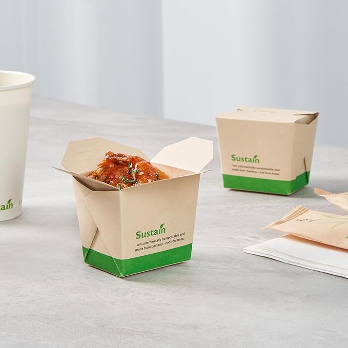 Restaurantware Sustain 8 Ounce Sturdy Paper Take Out Boxes, 200 Disposable Take Out Food Containers - With PLA lining, Compostable, Bamboo Paper Containers, Built-In Tab-Lock Cover, Greaseproof
