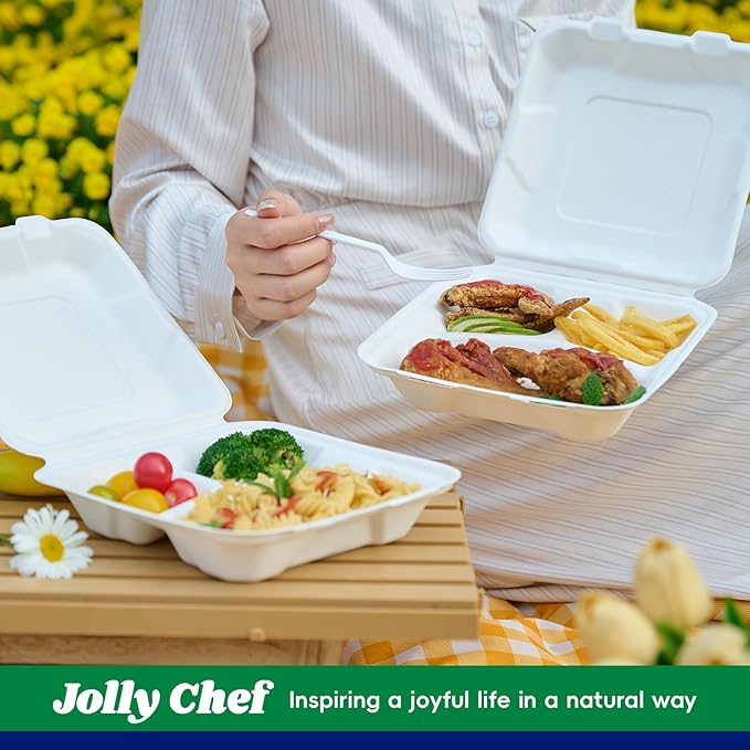 JOLLY CHEF Clamshell Take Out Food Containers, 8 * 8" 50-Pack, 3-Compartment To Go Boxes, Disposable Paper, Sugarcane for Salad, Lunch