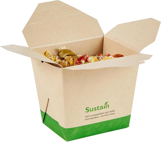 Restaurantware Sustain 16 Ounce Sturdy Paper Take Out Boxes, 50 Disposable Take Out Food Containers - With PLA lining, Compostable, Bamboo Paper Containers, Built-In Tab-Lock Cover, Greaseproof