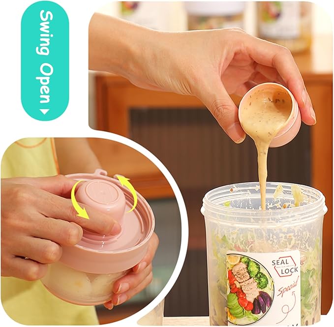 2 Pack Reusable Leak-Proof Overnight Oats Container with Dual-Layer Compartment, Built-in Dipping Box, with Spoon & Airtight Lids, Meal Prep Jar for Yogurt Parfait, Chia Pudding (Pink)