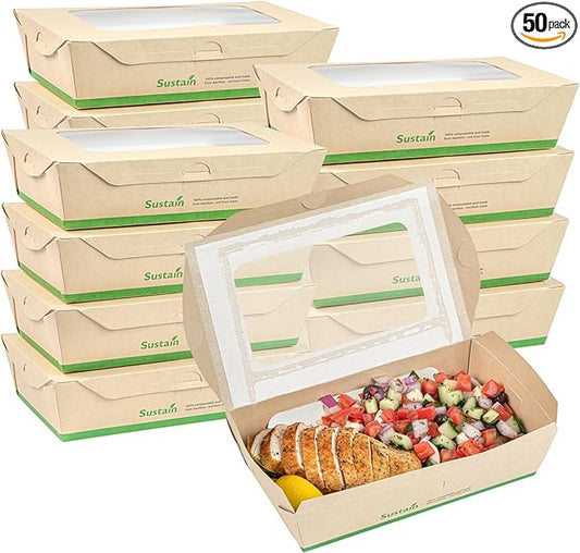 Restaurantware-Sustain 35 Ounce Sturdy Paper Take Out Boxes, 50 Disposable Take Out Food Containers - With PLA lining, Two Clear PLA Windows, Bamboo Paper Containers, Compostable, Tab-Lock Design