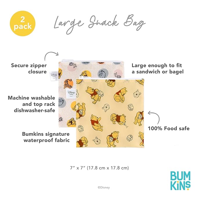 Bumkins Disney Reusable Sandwich and Snack Bags, for Kids School Lunch and for Adults Portion, Washable Fabric, Waterproof Cloth Zip Bag, Travel Pouch, Food-Safe Storage, Large 2-pk Winnie the Pooh