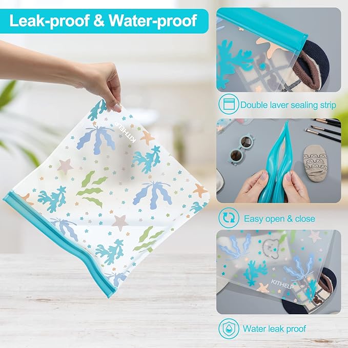 Reusable Freezer Gallon bags 12 PACK Extra Large Reusable Freezer Bags BPA Free Leakproof Plastic Bags Reusable Food Storage Bags Silicone Kids Snack Bags Reusable Ziplock Bags