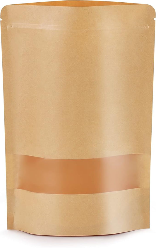 100pcs Kraft Bags with Window 5.9x8.6 Inches Brown Reusable Sealable Zip Lock Food Storage Stand up Paper Pouches for Home or Business