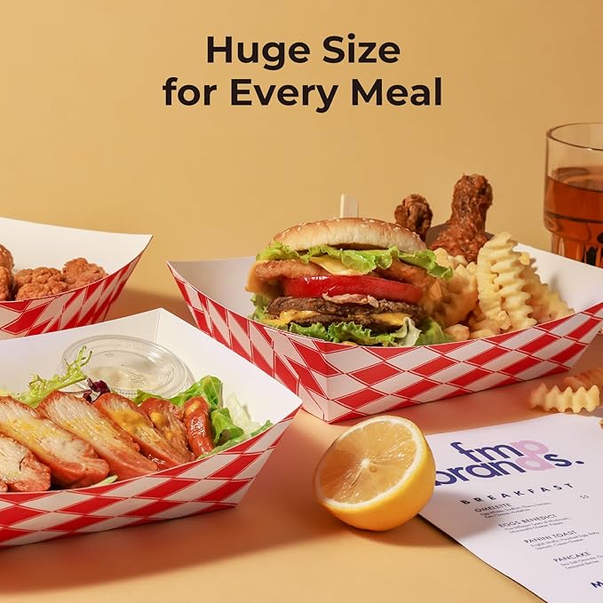 Fit Meal Prep [250 Pack 5 lb Paper Food Trays Heavy Duty Food Paperboard Boat Disposable Red Check Grease Resistant Fast for Parties Fairs Picnics Carnivals, Holds Tacos Nachos Fries