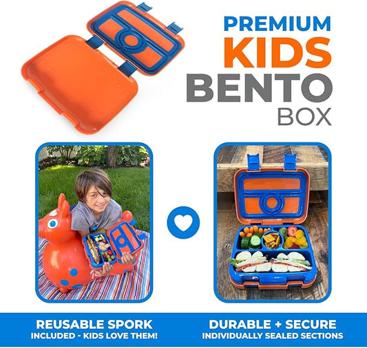 kinsho Bento Lunch Box for Kids Toddlers Boys, 5 Portion Sections Secure Lid, Microwave Safe BPA Free Removable Tray, Pre-School Kid Daycare Lunches Snack Container Ages 3 to 5, Blue Orange