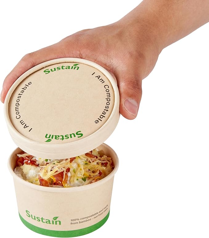 LIDS ONLY: Sustain Round Paper Soup Container Lids, 200 Disposable Ice Cream Cup Lids - Cups Sold Separately, For 8 Ounce Cups, Bamboo To Go Cup Lids, With PLA lining, Compostable - Restaurantware