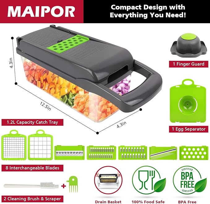 Vegetable Chopper Mandoline Slicer,Veggie Chopper, Multifunctional 13 in 1 Food Choppers, Kitchen Vegetable Slicer Dicer Cutter,Onion Mincer,Colander Basket,Kitchen Gadgets (Gray/Green)