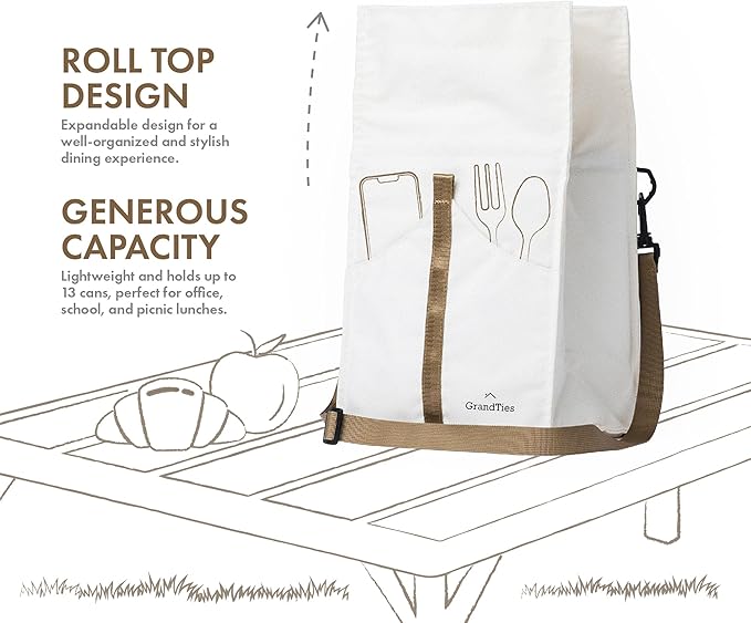 GRANDTIES Insulated Lunch Bag for Women, Men, Adults - Rolltop Leak Proof Meal Prep Lunch Box Containers, Reusable Snack Bags, Travel Cooler, Small Soft Cooler Bag, Fold Top Sandwich Bags, Ivory