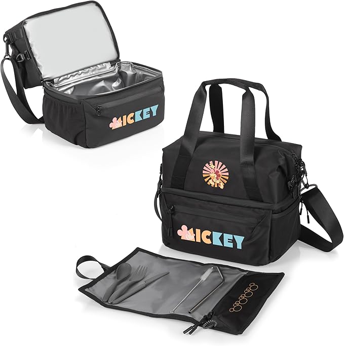 PICNIC TIME Disney Mickey Mouse Tarana Insulated Lunch Bag Made from Recycled Material, Lunch Box with Picnic Set, Upcycled Lunch Cooler Bag, (Carbon Black)