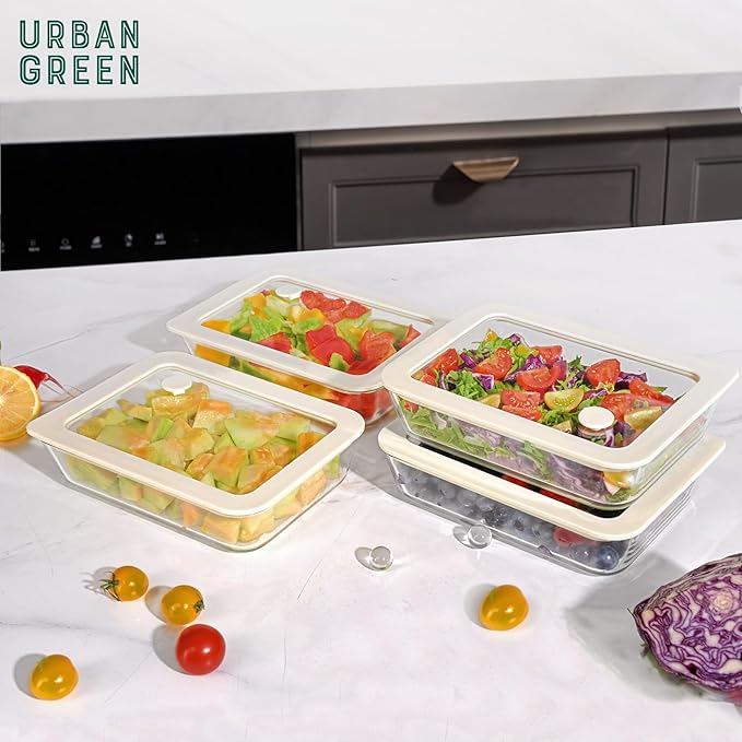 Urban Green Glass Food Container Set with Glass Lid, 4 Pack, Glass Containers with Silicone Framed Glass Lid, Airtight, LeakProof, 100% Plastic Free, Glass Meal Prep Containers (White Color)
