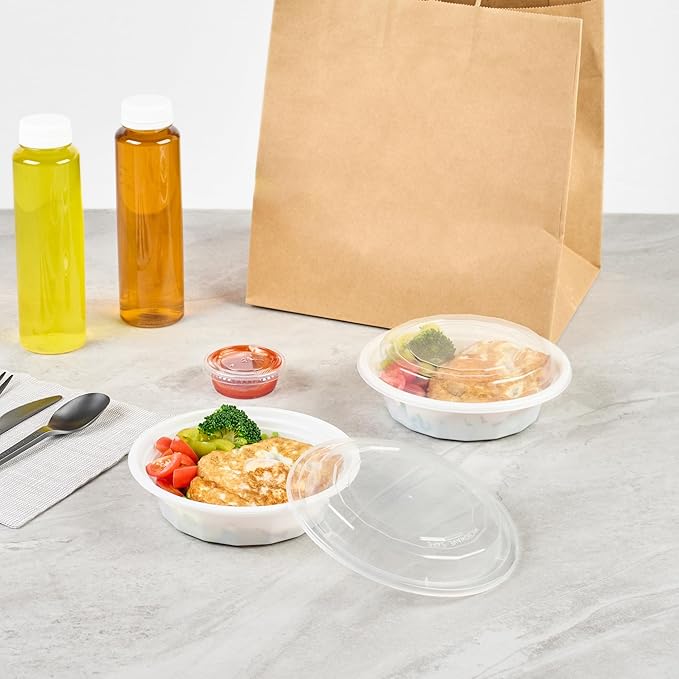 Restaurantware Asporto 16 Ounce To Go Boxes 100 Microwavable Take Out Food Containers - Clear Plastic Lids Included Do Not Contain BPA White Plastic Catering Food Containers Disposable Round