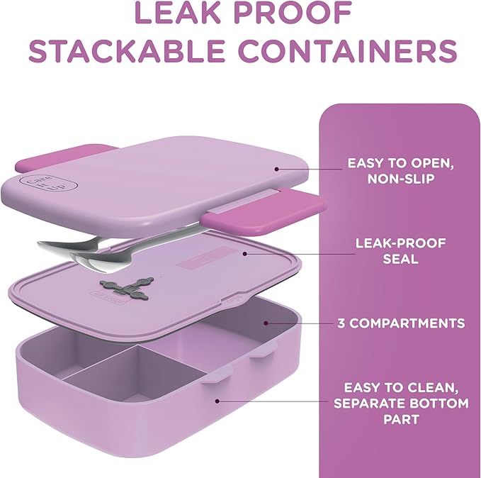 Kids Bento Lunch Box For Boys and Girls With Free Cutlery Set, 6 Sticker Sheets (5+ Years) and Parent Cards - 880 ML Leakproof 3 Compartment Lunch Box for kids, Portion Control Bento Box Kids - Lilac