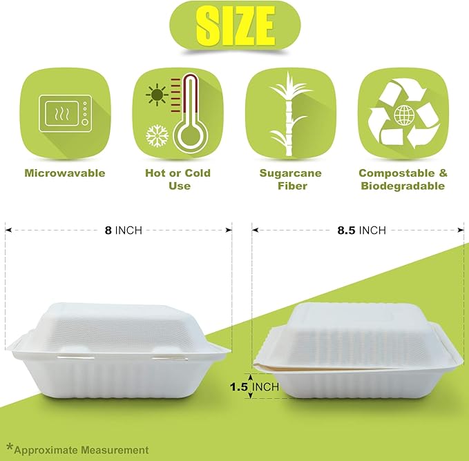 Green Earth 8-Inch, 200-Count, 1-Compartment, Compostable Clamshell, Natural Bagasse (Sugarcane Fiber), Take-Out/to-Go Boxes - Microwave-Safe