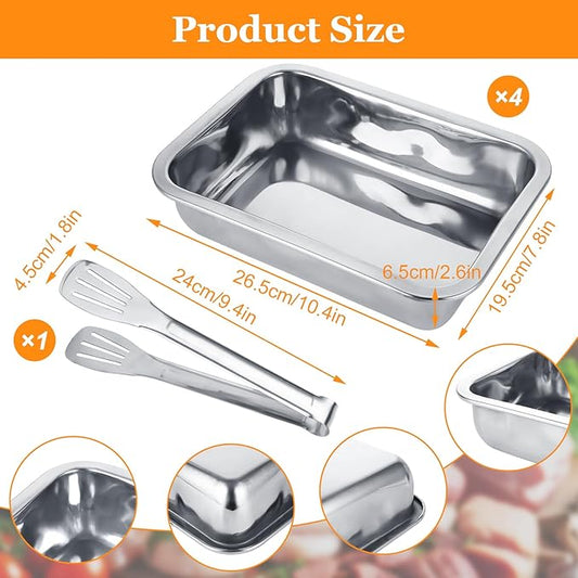 4 Pcs Breading Pans with Tong, Stainless Steel Breading Trays, High Sided Food Prep Trays for Preparing Schnitzel, Panko, Bread (10.63 x 7.87 x 2.75 Inches)