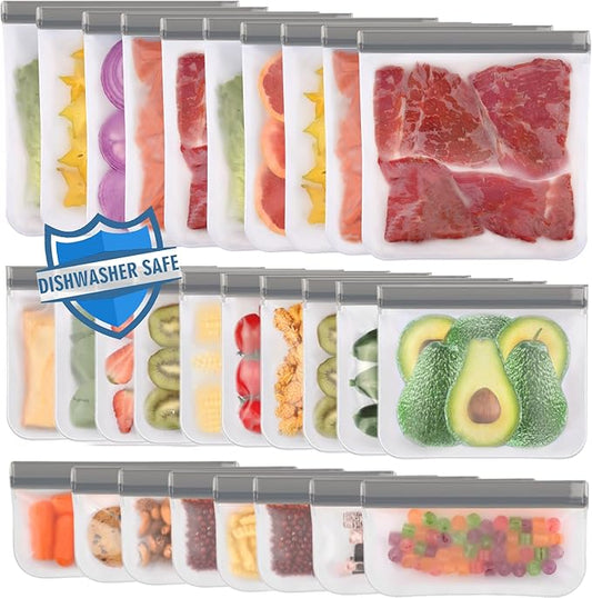 Lerine Dishwasher Safe Reusable Bags, Leakproof Reusable Freezer Bags, BPA Free Food Storage Bags for Lunch Marinate Food Travel (Grey, 28 Pack-10 Gallon 10 Sandwich 8 Snack)