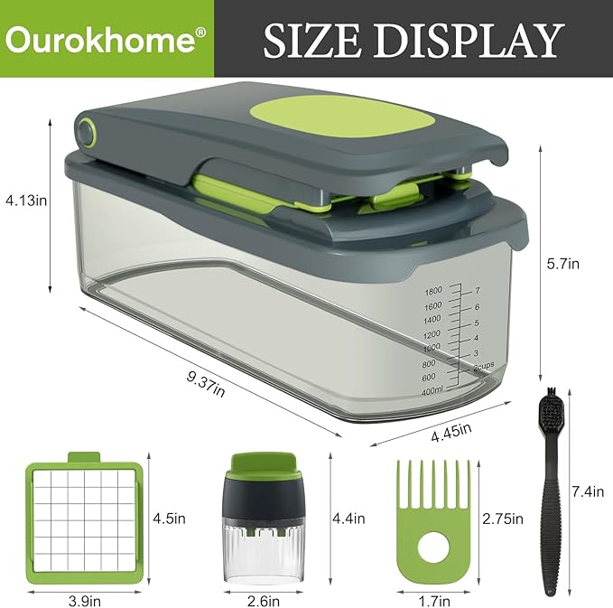 Ourokhome Onion Chopper Dicer with Container, Manual Food Cutter with Handheld Veggie Spiral, Hand Vegetable Mandolin slicer for Potato, Tomato, Carrot, Essential Kitchen Gadget (6 in 1, Gray)