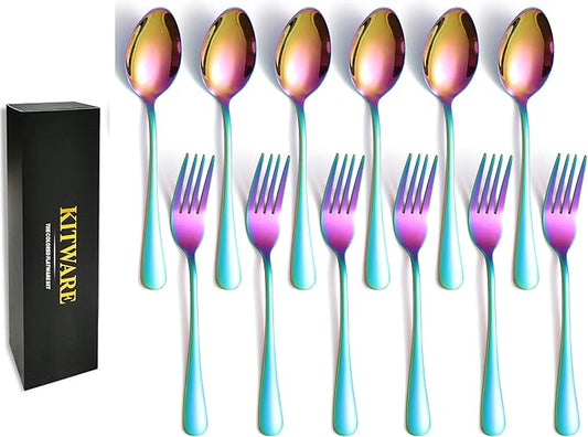 12 Pieces Rainbow Forks and Spoons Set for 6, KITWARE Stainless Steel Flatware Cutlery Set, Colored Silverware Set Kitchen Utensils Set for Home, travel and Resturant, Dishwasher Safe