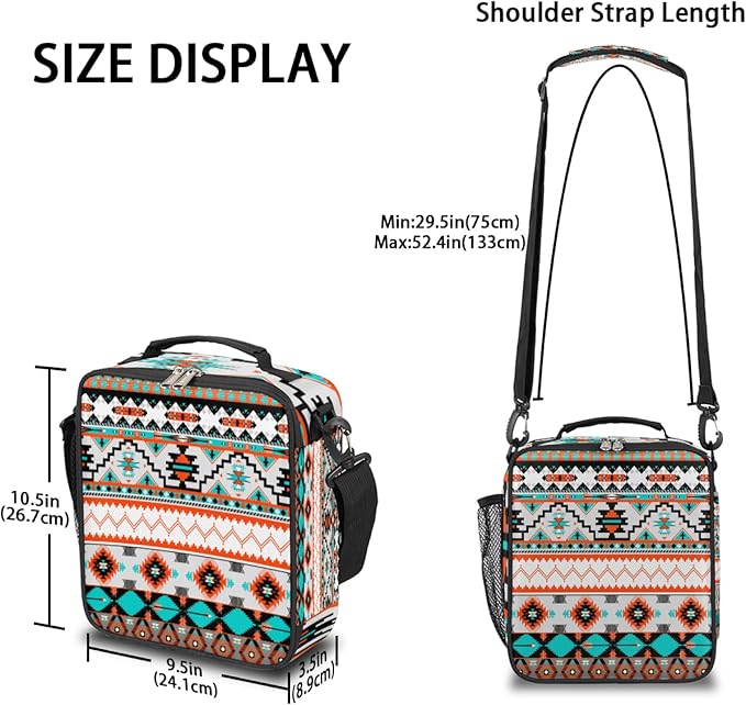 Aztec Geometric Kids Lunch Box Ethnic Insulated Lunch Bag Tote for Girls Boys, Cooler Freezable Meal Prep Bag Bento Bag with Shoulder Strap Waterproof Lunch Container for School Office Picnic