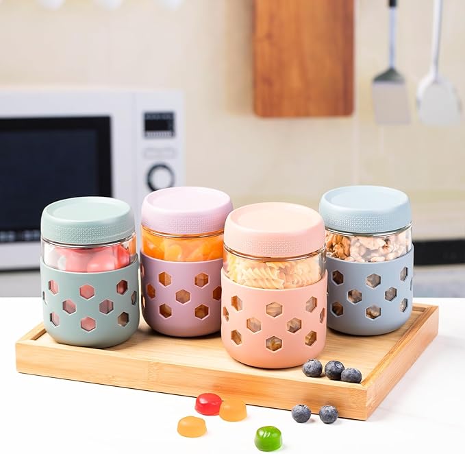 4-Pack Overnight Oats Containers with Lids and Protective Silicone Sleeve, 16 oz Glass Chia Pudding Jars with Airtight Lid, Mason Salad Meal Prep Jars for Yogurt Oatmeal