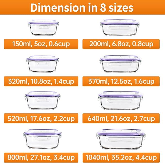 HOMBERKING 8 Pack Glass Food Storage Containers with Lids, Meal Prep Containers, Airtight Bento Boxes with Leak Proof Locking for Microwave, Oven, Freezer and Dishwasher, BPA Free, 5-35oz, purple