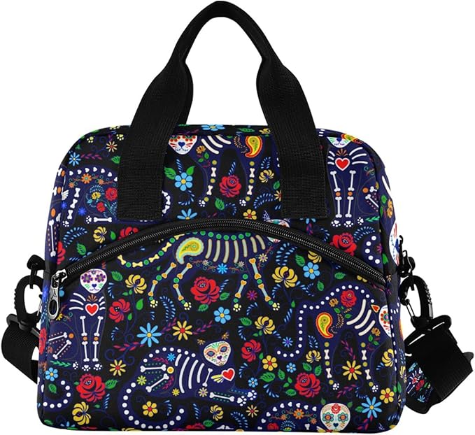 Cats and Sugar Skull Insulated Lunch Bag Reusable Lunch Tote Bag Cooler Bag for Women Men Adult Lunch Box with Adjustable Shoulder Strap Leakproof Lunch Bag for Work School Picnic Camping