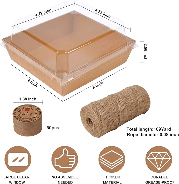 Kosotody 50 Pack Charcuterie Boxes with Clear Lids, 4 Inches Brown Oil-Proof Kraft Paper Food Containers Bakery Boxes for Sandwich, Cookies, Hot Cocoa, Cupcakes and Strawberries（Brown）
