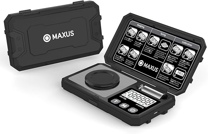 MAXUS Milligram Scale 50g/0.001g, Compact Mg Scale with 50g Calibration Weight, Black Powder Scale for Reloading, Includes a Scoop, a Powder Pan, a USB Cable and Tweezers