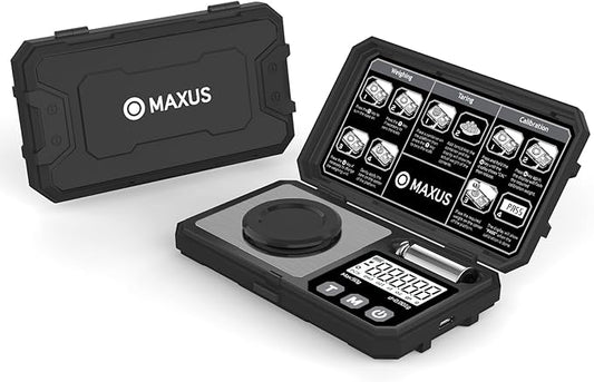 MAXUS Milligram Scale 50g/0.001g, Compact Mg Scale with 50g Calibration Weight, Black Powder Scale for Reloading, Includes a Scoop, a Powder Pan, a USB Cable and Tweezers