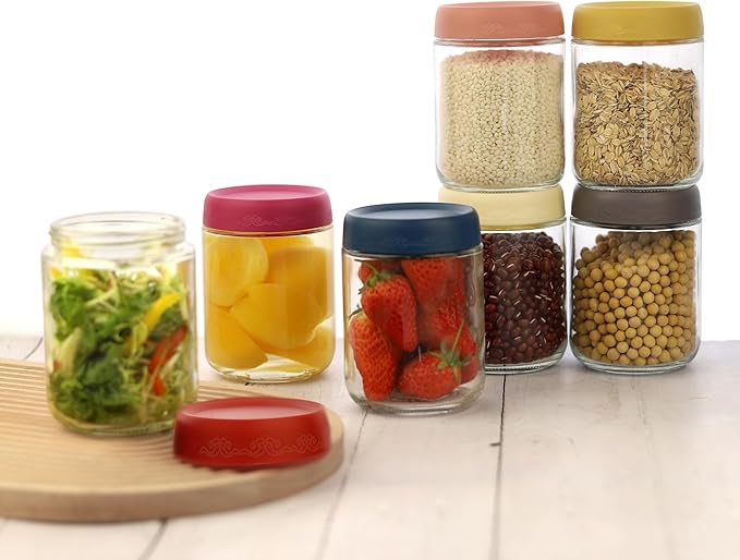 16 OZ Glass Food Jar Storage Containers with Airtight Lids, Reusable Wide Mouth Overnight Oats Glass Mason Jars for Snacks Yogurt Pudding(Multicolor 4pack-1)