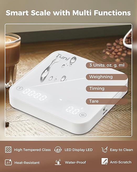 Tuni S1-WP Mini Coffee Scale with Timer, Rechargeable Digital Espresso Scale with Auto Timing, 0.1g/2kg Accurate Scale for Espresso and Pour-Over Coffee