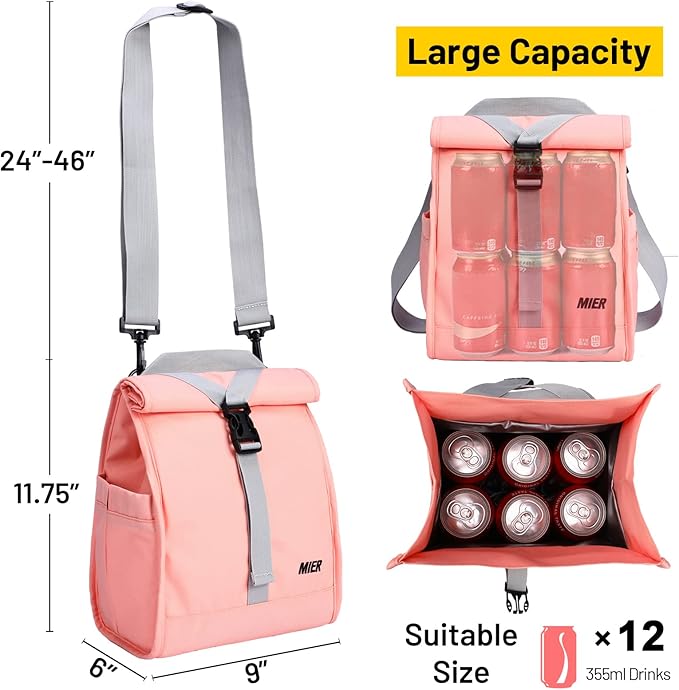 MIER Insulated Lunch Bag Roll Top Lunchbox for Women Men Adults Foldable Rolltop Lunch Tote with Shoulder Strap for Work Office Picnic, Water Bottle Holder, Pink