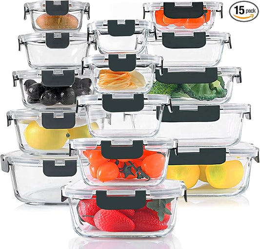 30 Pieces Glass Food Storage Containers Set, Glass Meal Prep Containers Set with Snap Locking Lids, Airtight Glass lunch Containers for Microwave, Oven, Freezer & Dishwasher,Gray