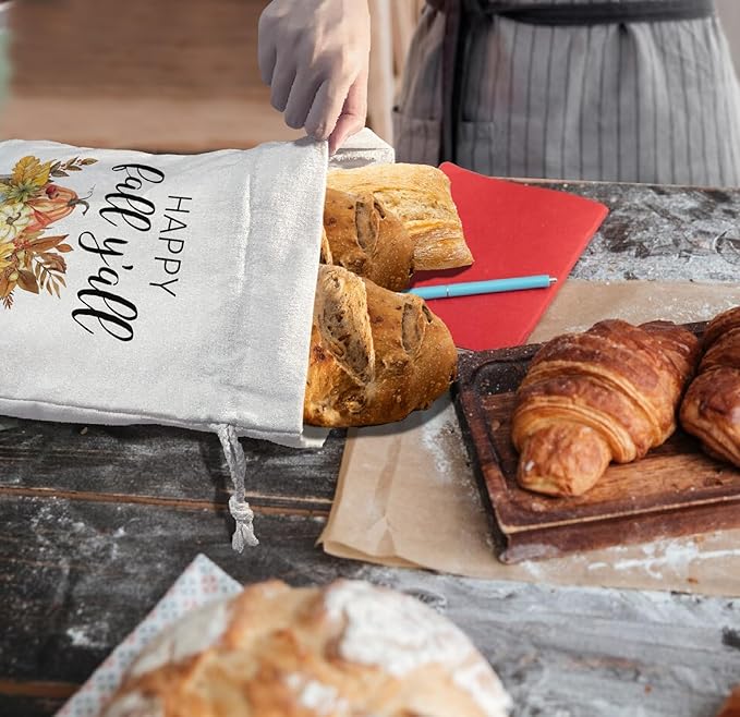 Pumplkin Autumn Beeswax Bread Bags for Sourdough Storage, Fall Linen Bread Bags for Homemade Breads Coth Reusable Large Breads Box, Fall Pumplkin Kitchen Decor Gifts for Baker 2Pcs 15.5×11.8