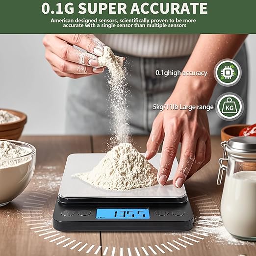 MEIYA Food Scale Grams and Ounces, Plus Size Digital Kitchen Scale for Cooking Baking, 5kg/0.1g High Accurate Gram Scale with USB Charging, 2 Tray, LCD Backlit Display, Stainless Steel Pan Easy Clean