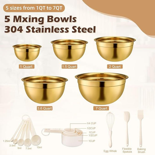 Shellwei Gold Mixing Bowls with Airtight Lids 24 Pcs Stainless Steel Mixing Bowls Set Size 1, 1.5, 2, 3.6, 7QT, Measuring Cups Spoons Baking Utensils Bowl for Kitchen Baking Serving Food