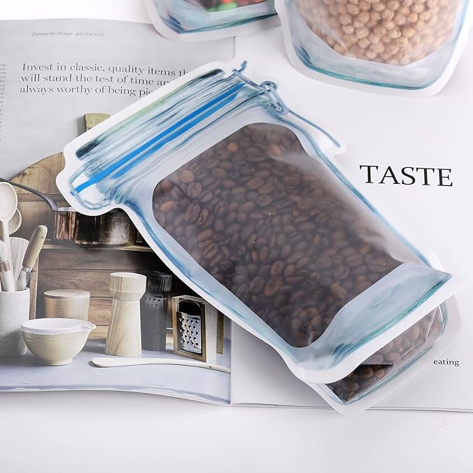 Jucoan 50 Pack Large Wide Mouth Mason Jar Zip Snack Bags, Reusable Airtight Leakproof Plastic Food Storage Zipper Saver for Home Kitchen Freezer Camping Travel Picnic