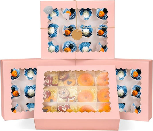 qiqee Pink 12 Cupcake Boxes with Window 16-Packs Cupcake Box 13"x10"x3.5" Cupcakes Carrier, 12 Cupcake Containers