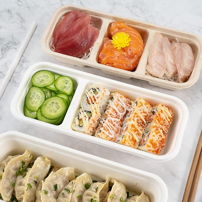 Restaurantware Pulp Tek 9.2 x 3.8 x 1.8 Inch Takeaway Food Boxes 100 Microwavable Take Out Containers - Lids Sold Separately Freezable White Bagasse Catering Food Containers 2 Compartments