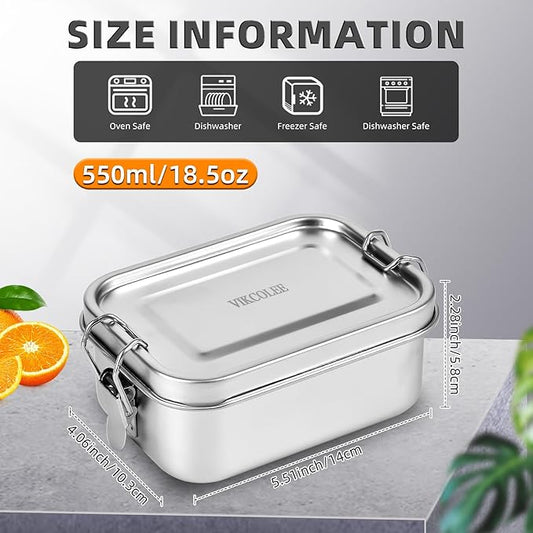 2 PCS Stainless Steel Bento Box 550ml, Metal Lunch Box Food Containers, Steel Lunch Container for Home, Work, Camping