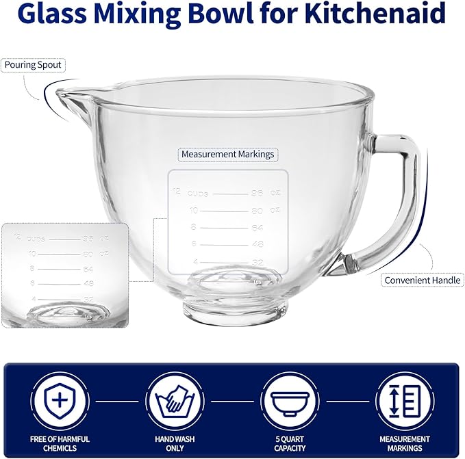 Glass Bowl for KitchenAid Stand Mixer,5 Quart,Glass Mixing Bowl Replacement for KitchenAid 4.5 and 5 Quart Tilt-Head Stand Mixers with Measurement Markings