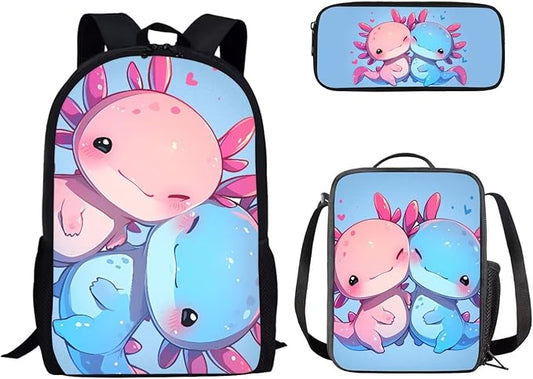 Dolyues Couple Axolotl 3-Piece Backpack Set for School - Includes Travel Backpack, Lunch Box & Pencil Case - Perfect for Middle School, Preschool & Kindergarten