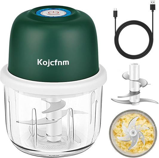 Electronic mini Food Slicer, Garlic Chopper, Small Vegetable Processor, Wireless Rechargeable Dicer, Veggie Rolling Blender, Spice Masher, Onion Cut Mincer, 350ml Glass Bowl, 6 Blades, Dark Green.