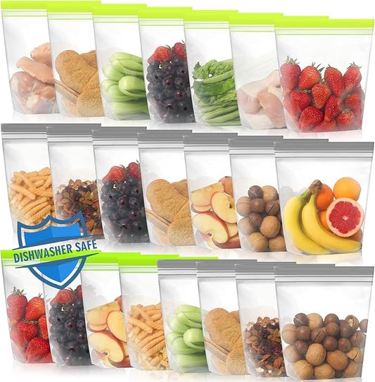 Lerine 22 Pack Reusable Sandwich Bags - Dishwasher & Microwave Safe, Stand Up, Silicone & BPA Free, Leakproof Quart Bags for Cereal, Lunch, Veggies & Fruits