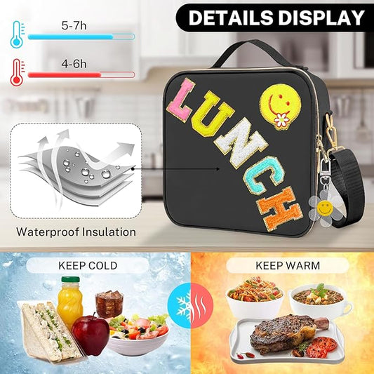 Lunch Box for Girls Women, Preppy Lunch Box for Teen Girls， Insulated Girls Lunch Bag for Kids, Large Reusable Cute Cooler Bag with Adjustable Shoulder Straps,Perfect for School Travel Picnic（Pink）