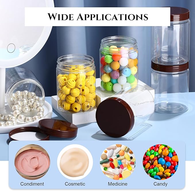 Aoriher 48 Pcs 8oz Plastic Mason Jars with Lids Round Clear Plastic Jars Containers Refillable Small Empty Storage Containers Food Canisters for Kitchen Storage(Brown)