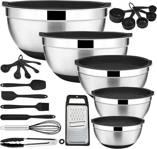 E-far 22-Piece Mixing Bowls with Black Lids & Accessories Set, Stainless Steel Nesting Bowls with Covers & Non-Slip Bottoms, Metal Bowls for Cooking/Baking/Serving/Storage - Size 7/3.5/2.5/1.5/1 QT