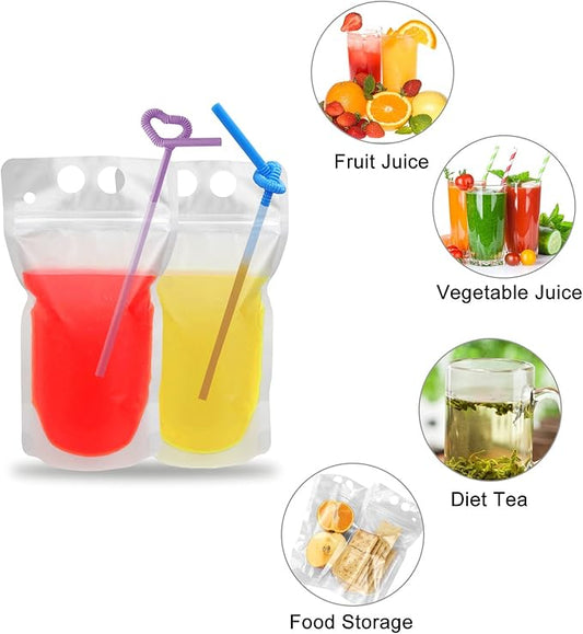 100 Pcs Drink Pouches with 100 Straw Holes, Freezable Juice Pouches, Translucent Reclosable Zipper Plastic Pouche Drink Bags for Cold & Hot Drinks for Adults and Kids