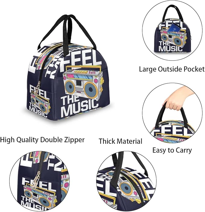 Insulated Lunch Bag for Women Men Retro Music Cartoon Boombox Waterproof Thermal Tote Bag Reusable Lunch Box Container Lunch Holder Leakproof Lunch Cooler Bag Picnic Travel Work