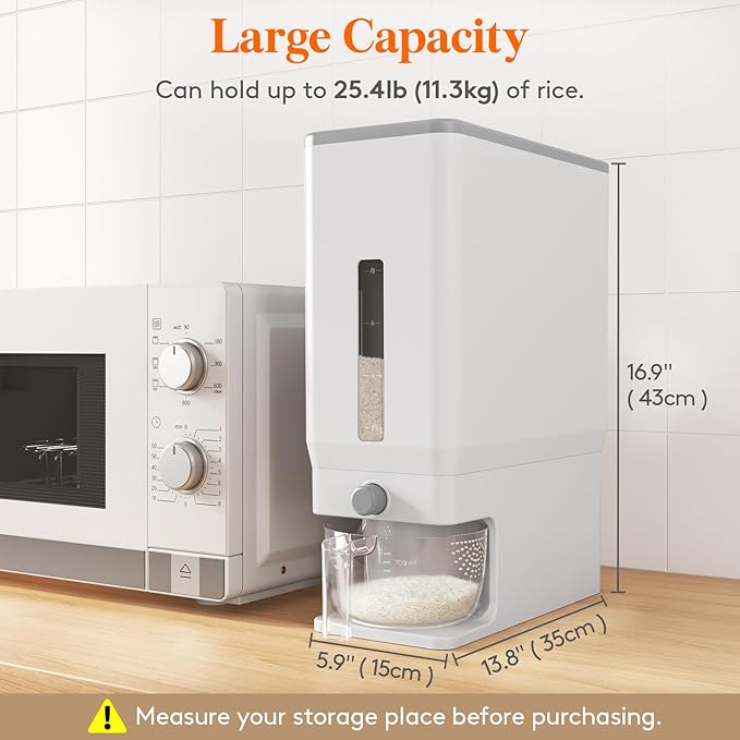 Lifewit 2 Pack Rice Dispenser 25 Lbs(11.3kg), Rice Storage Container Sealed Moisture Proof with Measuring Cup for Kitchen Pantry Household, BPA-Free, Whit